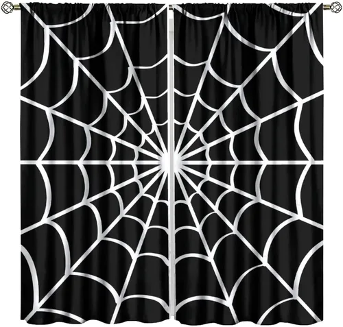 Vista 16 de Cortinas opacas de tela de araña aterradora para niños, tela de araña en blanco y negro, fondo rojo, dormitorio de niños, guardería, decoración