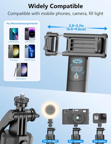 Vista 8 de Trípode para selfie stick de seguimiento facial automático de 69 pulgadas, trípode automático para teléfono, trípodes de viaje de apertura