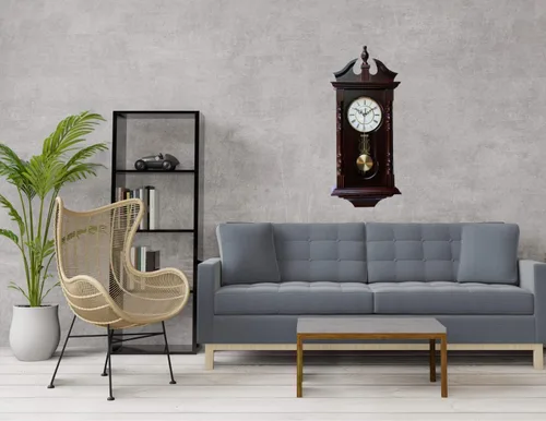 Vista 4 de reloj abuelo de madera con melodía con péndulo de madera tradicional perfecto para regalar melodía de Westminster suena a cada hora Nogal