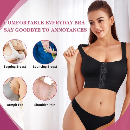 Vista 2 de MICOHPKLE Sujetador deportivo para mujer, sin mangas, sin mangas, con relleno, cierre frontal ajustable, brasier de compresión