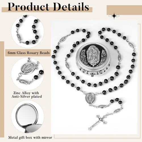 Vista 2 de Jadive Collar de rosario católico de 0.236 in, collar de perlas de cristal con caja de regalo de metal para mujeres y hombres, regalo de oración