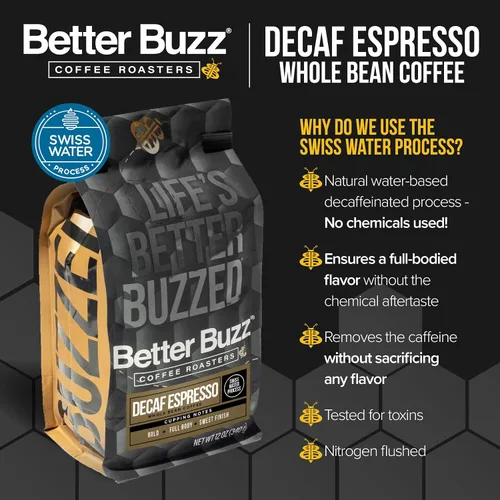Vista 2 de Better Buzz Café de grano entero tostado oscuro descafeinado de 12 onzas, procesado con agua suiza