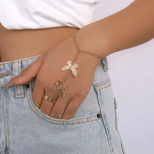 Vista 6 de Caiyao Pulsera de anillo punk de serpiente de mariposa, serpiente y araña, pulsera de anillo de dedo de serpiente bohemia, arnés de mano, pulseras
