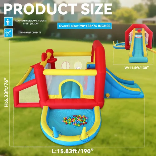 Vista 2 de Casa inflable de rebote para niños de 9 en 1 con tobogán alto, piscina de pelotas, juego de fútbol de habilidad, juego de sacos de arena