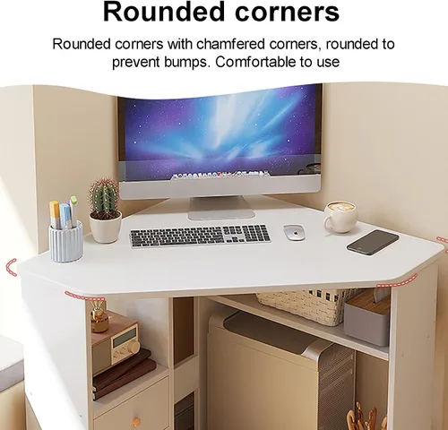Vista 3 de Escritorio esquinero para espacio pequeño, escritorio de computadora triangular con estantes de almacenamiento y soporte para CPU, mesa de tocador