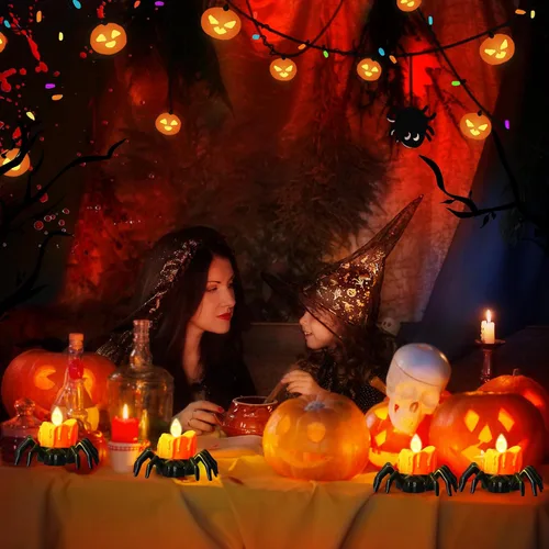 Vista 5 de YBB 12 velas de té de araña de Halloween, novedosas velas LED sin llama, funciona con pilas, lámparas de té naranja para fiesta de Halloween, mesa