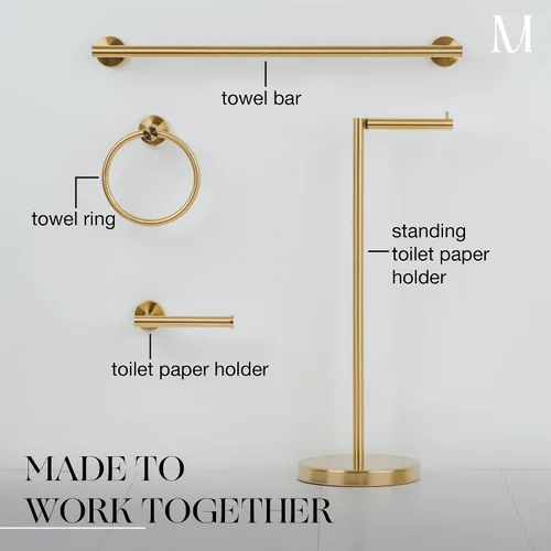 Vista 9 de Marmolux Acc - Toallero con forma de anilla cepillado dorado - Moderno soporte para toallas de mano - Barra de toallas de baño de acero inoxidable