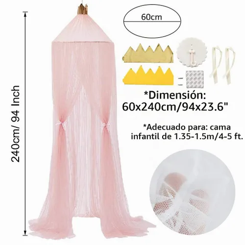 Vista 6 de Toldo para cama para niñas – Cama princesa Canopy Mosquitera Decoración de habitación de juegos cúpula Premium Hilado Netting Cortinas Baby Game Rosa