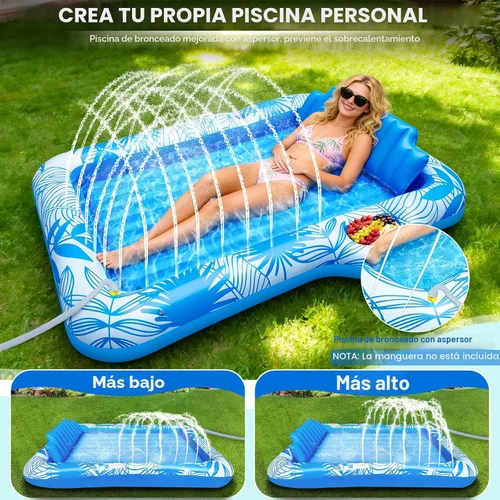 Vista 3 de Flotador inflable de 78 x 50 pulgadas para piscina con aspersor, flotadores de piscina extra grandes para adultos con almohada 6 en 1, flotador