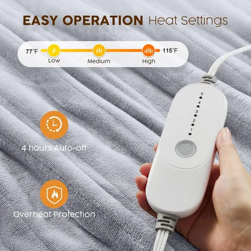 Vista 12 de Manta eléctrica térmica HYLEORY de 50"x60" de forro polar suave y franela con 5 niveles de calefacción y temporizador de 3 horas con apagado