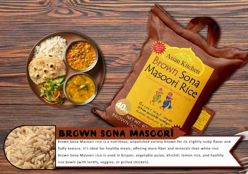 Vista 6 de Asian Kitchen Brown Sona Masoori - Arroz envejecido de 40 libras, 40 libras (40.0 lbs) de arroz de grano corto ~ Todo natural Apto para gluten