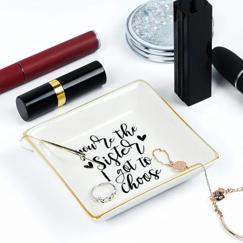 Vista 2 de Regalos para la mejor hermana para mujeres, plato de cerámica para anillos con texto en inglés "You Are the Sister I Got to Choice", bandeja