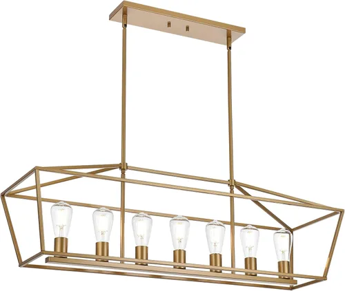 Vista 11 de Lámpara moderna de 5 luces para isla de cocina en acabado dorado, lámpara colgante industrial con marco de metal para comedor, vestíbulo, cafetería