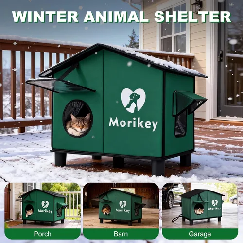 Vista 2 de Casa térmica para gatos para exteriores, casa aislada para gatos al aire libre con almohadilla térmica, refugio resistente a la intemperie