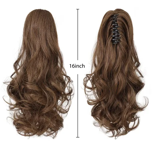 Vista 7 de Extensiones de cabello castaño para mujer, pinza de extensiones de cola de caballo, postizo rizado de 16 pulgadas, extensiones de cola de caballo