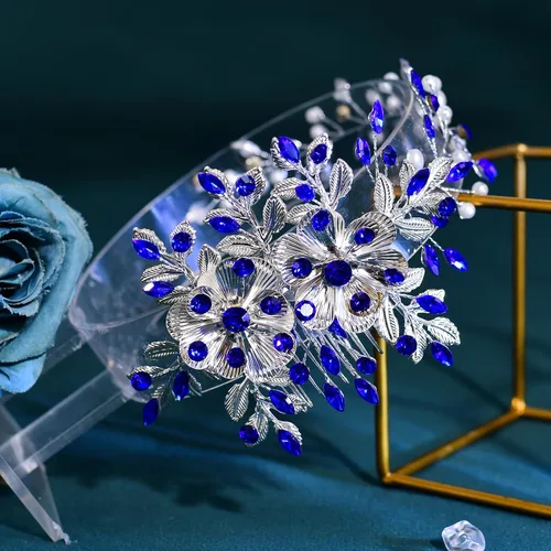 Vista 6 de Diadema nupcial con peine para el cabello - Diadema de boda para novias (azul)
