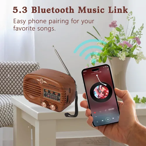 Vista 7 de Radios portátiles AM FM SW, radio retro con altavoz, radio transistor Bluetooth 5.3, batería recargable, TWS, soporte de tarjeta TF/MP3/reproducción