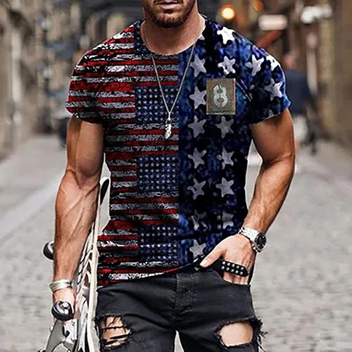 Vista 2 de Camisetas patrióticas para hombre, con estampado de estrellas y rayas de la bandera de Estados Unidos, camiseta gráfica de manga corta del 4 de julio
