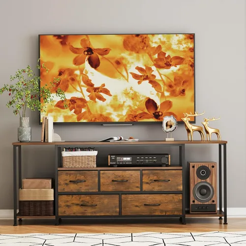 Vista 8 de Soporte de TV para televisores de hasta 75 pulgadas, mesa consola industrial de TV con 5 cajones de tela y 3 estantes abiertos, centro