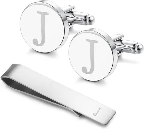 Vista 68 de LOYALLOOK - Gemelos de acero inoxidable grabados con inicial y clip de corbata, diseño de letras del alfabeto con caja de regalo, A-Z