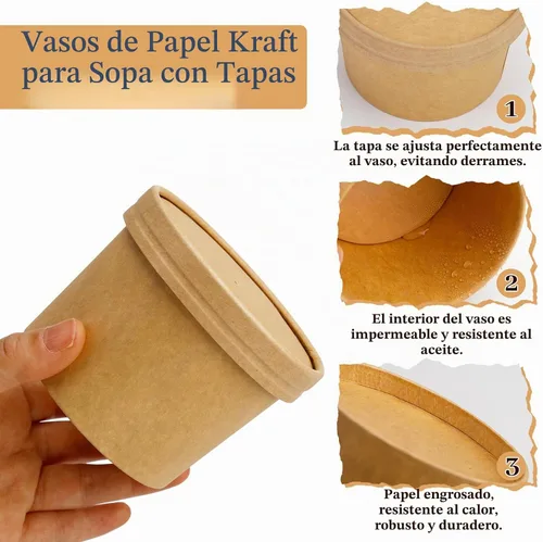 Vista 3 de Paquete de 50 recipientes de sopa de 12 onzas con tapas, vasos Marrón 50 Pack 12 oz
