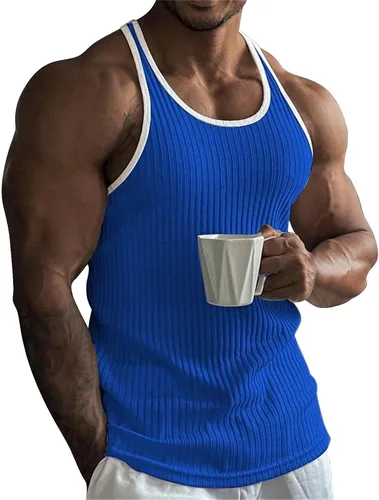 Vista 8 de Camisetas sin mangas para hombre, ajustadas, acanaladas, sin mangas, para gimnasio, entrenamiento, fisicoculturismo, camiseta sin mangas