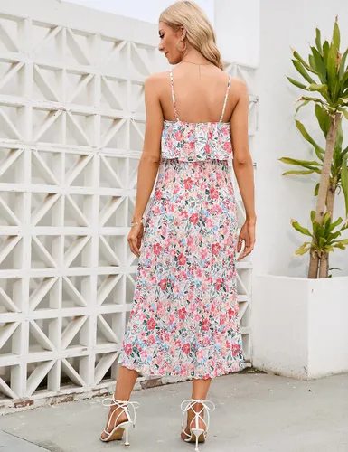 Vista 6 de Vestido de maternidad para mujer, con tirantes delgados, floral, con volantes, cintura alta, sin espalda, plisado, para baby shower