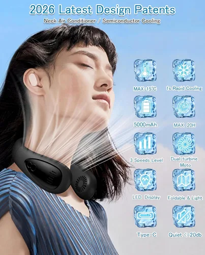 Vista 2 de Aire acondicionado de cuello, ventilador de cuello portátil con placa de refrigeración de flujo de aire de 360°, ventilador USB recargable de 5200