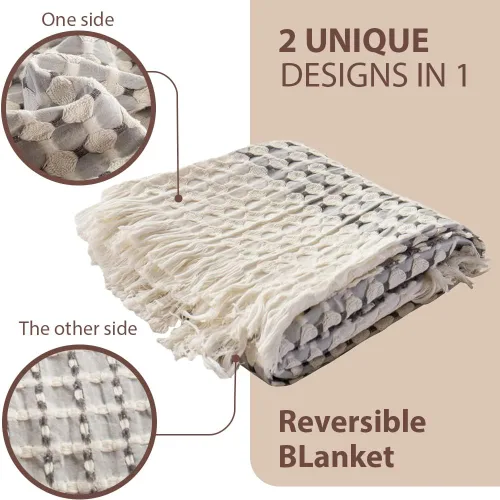 Vista 2 de Simple&Opulence Manta de 100 % algodón para cama, sofá, tejido jacquard de hilo teñido con borlas, suave, ligera, acogedora, transpirable, Gris