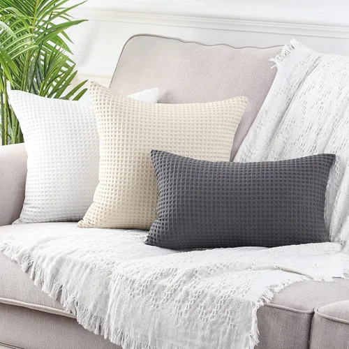 Vista 6 de MANDIOO Juego de 2 fundas de almohada lumbares con textura de gofre, fundas de cojín decorativas de algodón sólido suave para sofá, cama, 12 x 20