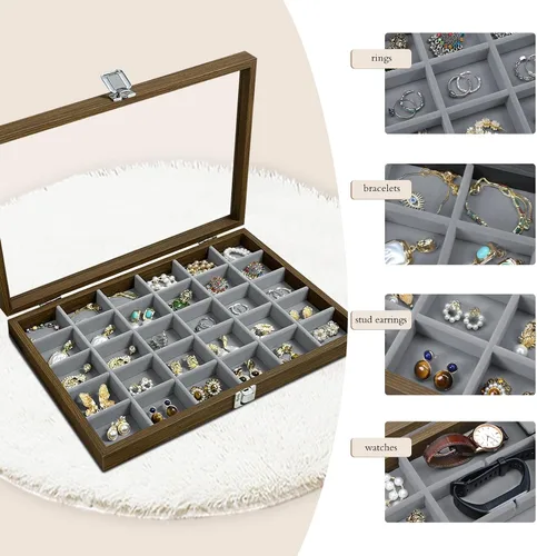 Vista 4 de Stratalife Organizador de joyas de madera con 30 rejillas, bandeja para aretes, caja de anillos, organizador de aretes con tapa transparente