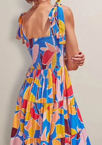 Vista 3 de Vestido largo de verano para mujer, estilo bohemio, con tirantes delgados, cuello cuadrado, con volantes, casual, para playa, fiesta