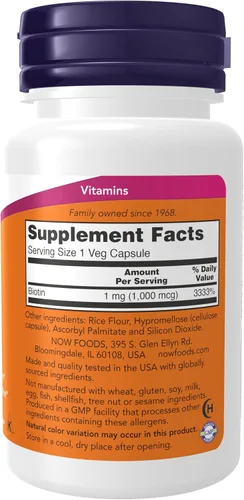 Vista 2 de NOW Foods Suplementos, Biotina 1000 mcg, Metabolismo de Aminoácidos*, Producción de Energía*, 100 Cápsulas