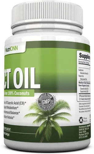 Vista 5 de NutriONN Aceite MCT, 3000 mg por porción, 180 cápsulas blandas, hecho de cocos 100% orgánicos, sin OMG, prensado en frío, cápsulas aptas para paleo