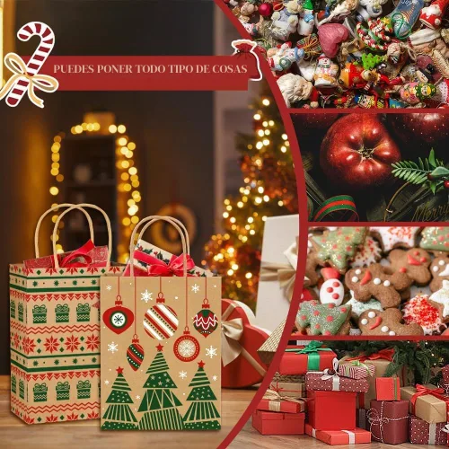 Vista 6 de Vellibring 24 piezas de bolsas de regalo de Navidad Kraft, bolsas de papel de Navidad con asa, bolsas de papel de Navidad con estampados navideños