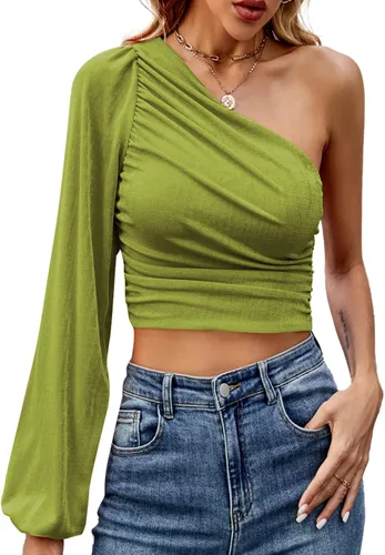 Vista 3 de LYANER Blusa corta de manga larga con un hombro fruncido para mujer