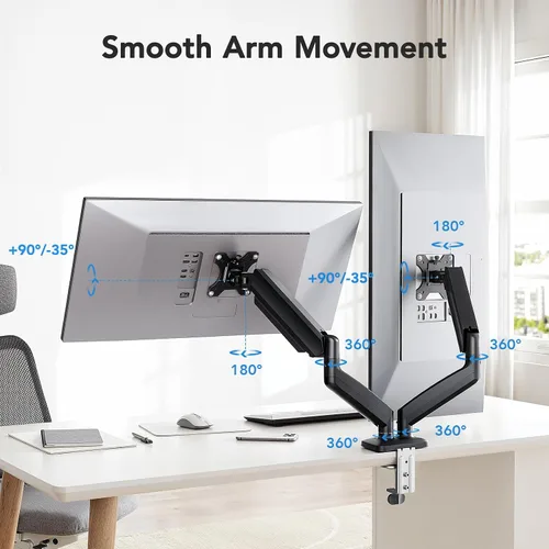 Vista 5 de HUANUO - Soporte de montaje de monitor dual, monta 2 pantallas de hasta 32 pulgadas, soporta 10 kg por brazo, soporte de monitor doble con excelente