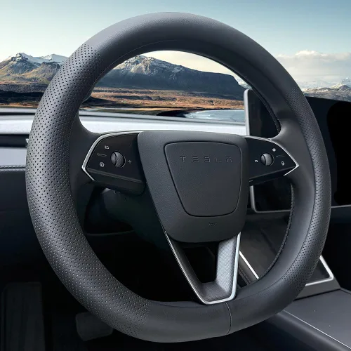 Vista 5 de Funda para volante de Tesla Model 3 y Model Y, cómoda, antideslizante, transpirable, piel de napa negra (negro)