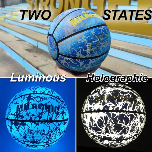 Vista 2 de Balón de baloncesto holográfico que brilla en la oscuridad, tamaño oficial 7, para interiores y exteriores, luminoso, de cuero, 29.5 pulgadas