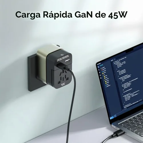 Vista 5 de Adaptador de viaje universal de 45 W, GaN Fast Wall Charger Outlet con puertos PD 3.0 USB-C y USB-A, adaptador de enchufe protegido contra