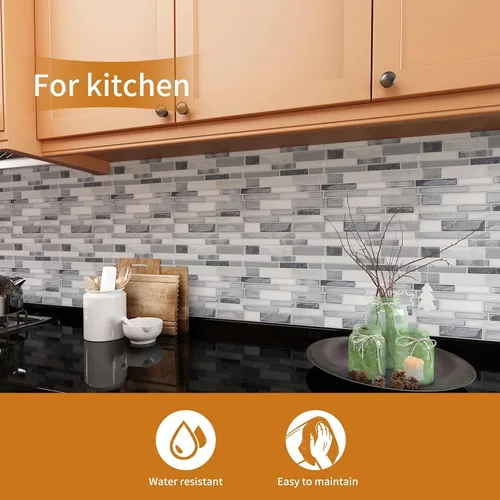 Vista 2 de WOWSTAR Azulejos Autoadhesivos de 10 Hojas para Salpicadero de Cocina, Azulejos Adhesivos para Salpicadero de Cocina (12"x 12", Gris)