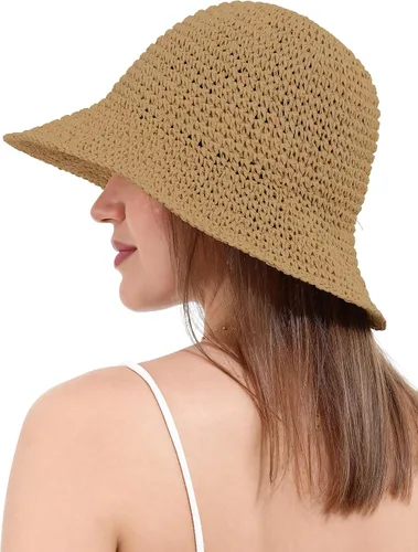 Vista 6 de Sombrero de sol para mujer, hecho a mano, cubo de paja de ganchillo para verano, plegable, gorra de viaje Caqui