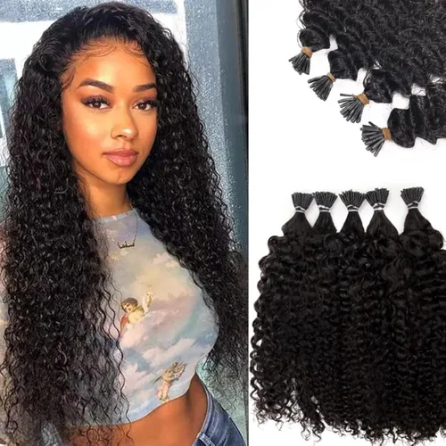 Vista 10 de Extensiones de cabello humano ondulado con punta I para mujer, extensiones de cabello Remy con punta de palo de fusión fría, pegamento de queratina