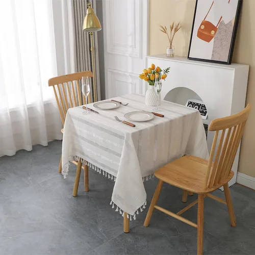 Vista 11 de Gernaice Mantel bordado de rayas rústicas con borlas cuadradas y pequeñas de algodón y lino, sin arrugas, lavable, para mesita de noche, café, Marrón