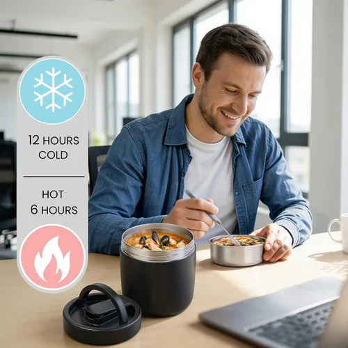 Vista 5 de HOMEKOL Termo para sopa de comida caliente: contenedor de almuerzo aislado de 40.5 oz para adultos, tarro térmico de acero inoxidable con tarro