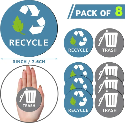 Vista 3 de Chinco 8 imanes de reciclaje y basura para latas de cocina y contenedores de reciclaje de 3 pulgadas, imanes circulares de basura y reciclaje