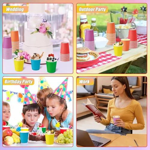 Vista 13 de KesaPlan 60 vasos de papel desechables de 9 onzas, vasos de plástico para fiestas, vasos de papel arcoíris, 6 colores para bebidas frías calientes