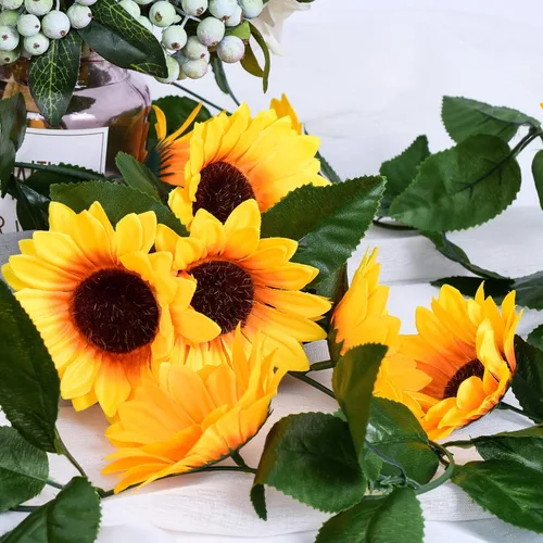 Vista 9 de DearHouse Paquete de 3 guirnaldas de girasoles artificiales de seda con hojas verdes para mesa de boda, decoración del hogar