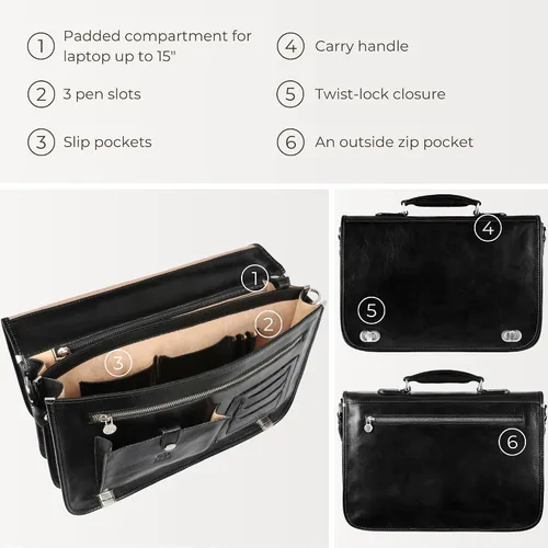 Vista 6 de Time Resistance Maletín de cuero para hombres - Maletín para laptop de cuero italiano de grano completo - Bolso de mensajero - Caja de regalo