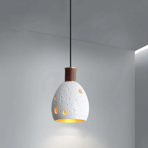 Vista 5 de Moderna lámpara colgante de mesita de noche para dormitorio, lámpara colgante de piedra japonesa Wabi-Sabi con acabado de madera cilíndrica, lámpara